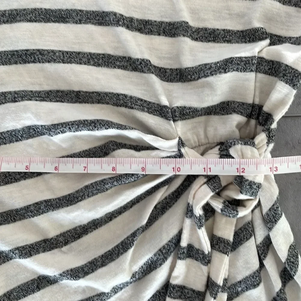 MYSTREE cap sleeve knee length‎ cinch tie waist cream and gray stripes dress S